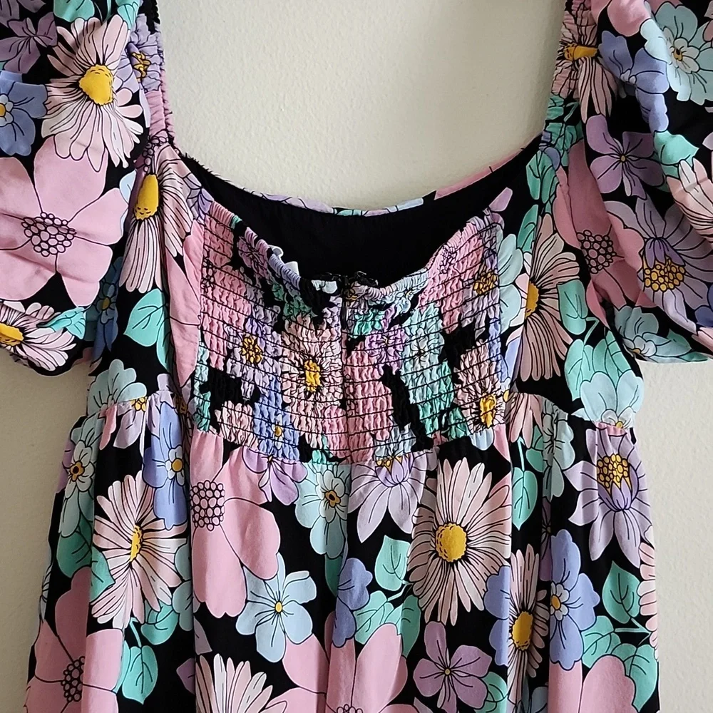 Storia Multicolor Floral Princess Midi Dress Empire Waist Smocked Back Medium